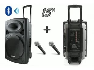 15" тонколона с вграден акумулатор, Bluetooth, МП3 плейър, безжични микрофони 2 бр. за караоке