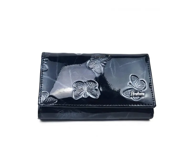 Портмоне лакирано черно с пеперуди - средно Портмоне лакирано черно с пеперуди - средно