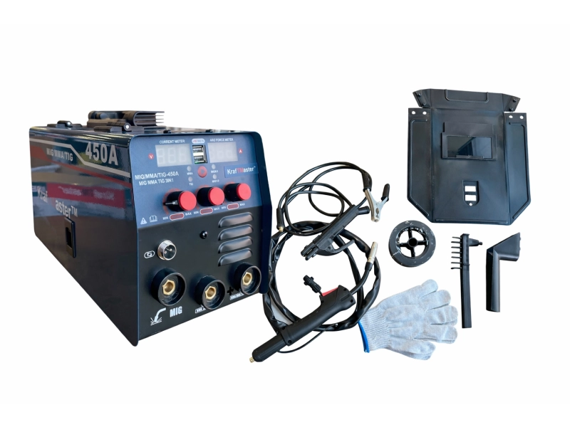 Инверторен електрожен 400А с телоподаващо 3в1 KraftMaster + соларна маска + ролка тел Инверторен електрожен 400А с телоподаващо 3в1 KraftMaster + соларна маска + ролка тел - KraftMaster 3218-2
