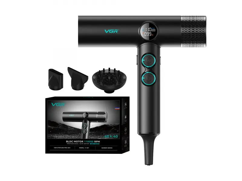Професионален сешоар черен VGR-401 с отрицателни йони, BLDC мотор за бързо сушене с нисък шум, LED дисплей Професионален сешоар черен VGR-401 с отрицателни йони, BLDC мотор за бързо сушене с нисък шум, LED дисплей