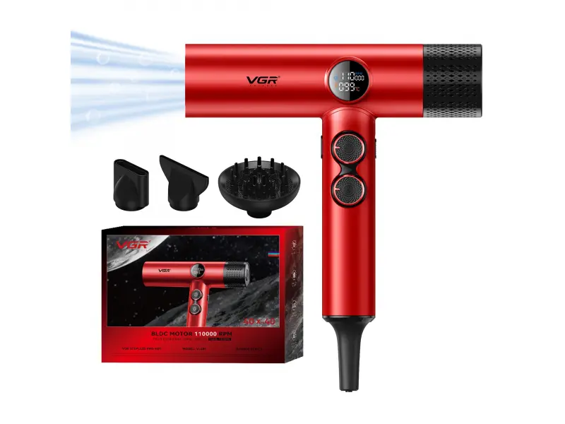 Професионален сешоар червен VGR-401 с отрицателни йони, BLDC мотор за бързо сушене с нисък шум, LED дисплей Професионален сешоар червен VGR-401 с отрицателни йони, BLDC мотор за бързо сушене с нисък шум, LED дисплей