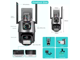 Двойна външна въртяща WiFi AI камера 8MP с два обектива, ICSee, Черна