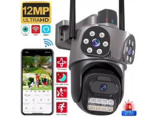 Тройна външна въртяща WiFi AI камера 10MP с три обектива, ICSee, Черна